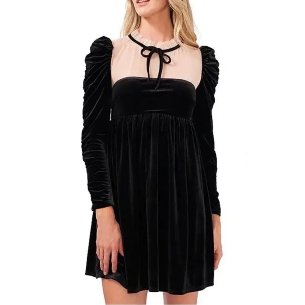 NWT Chelsea & Violet Long Shirred Sleeve Illusion Mesh Ruffle Black Velvet Dress